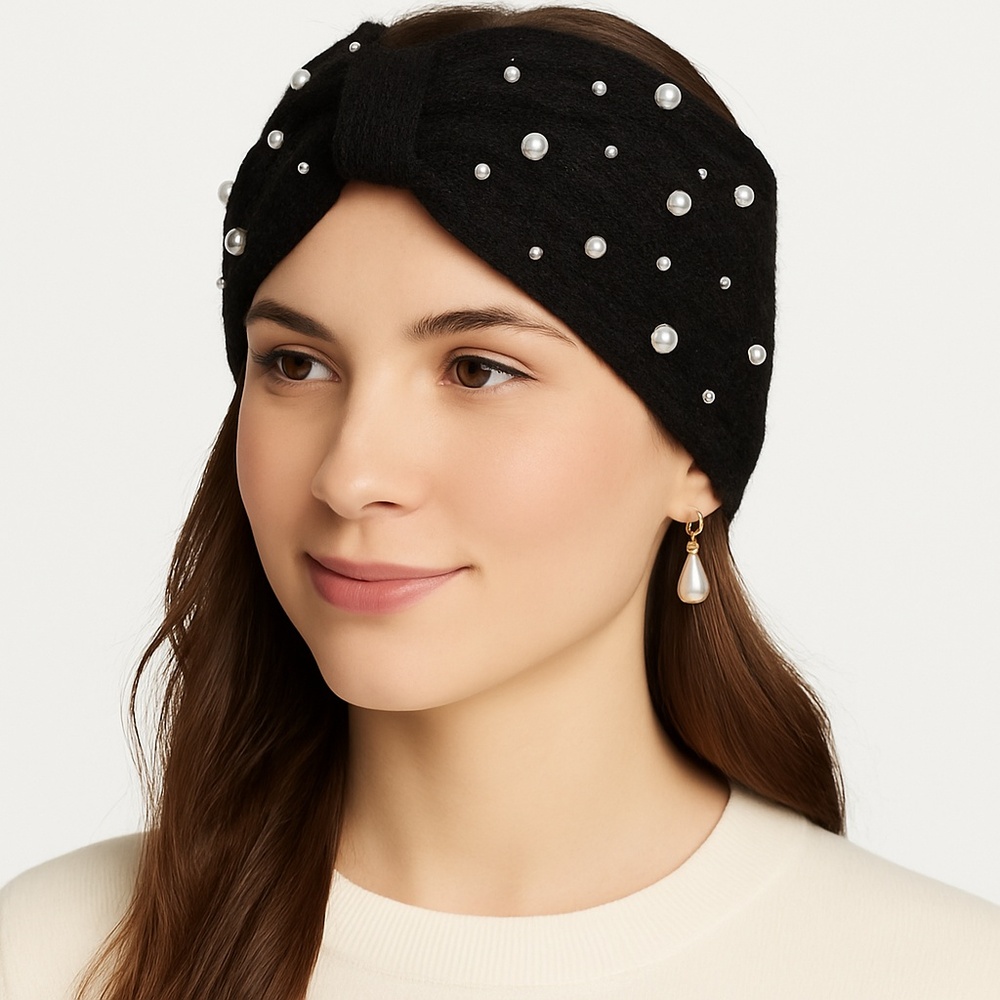 NWT Nordstrom Black Knit Headwrap Pearl Rhinestone Embellished Turban One Size